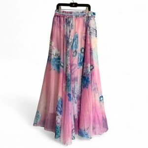 AFIBI Floral Full A-Line Skirt Pink Balletcore Fairy Coquette Chiffon Maxi Sz M